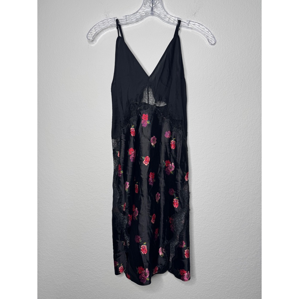 Victorias Secret Black Floral Satin Lace Trim Slip Dress Nightgown Large‎
